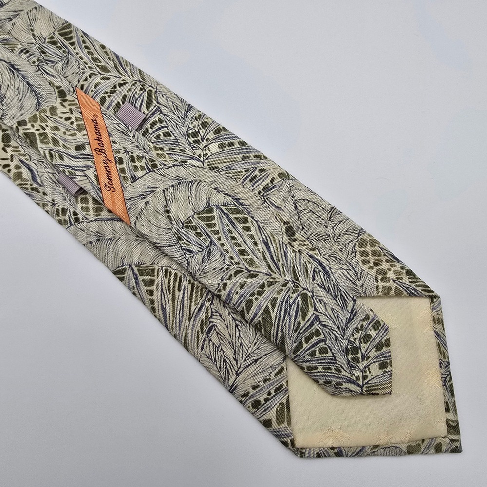 Tommy Bahama Mens Silk Tie Tropical Leaf Geometric Olive Green Tan Hand Made - Picture 3 of 5